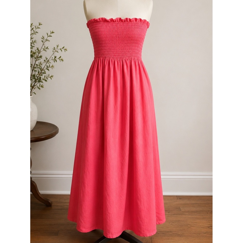 Sleeperβ Strapless Smocked Maxi Dress Womens XS Coral Pink Linen Ruffle Resort